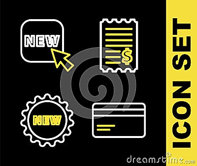 Set line Paper check and financial check, Credit card, Price tag with text New and Button icon. Vector Vector Illustration