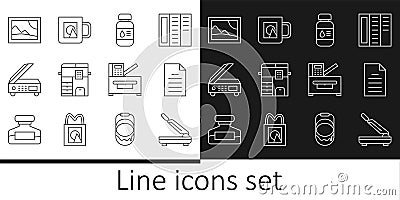 Set line Paper cutter, File document, Printer ink bottle, Copy machine, Scanner, Picture landscape, and Coffee cup icon Vector Illustration
