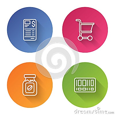Set line Paper or financial check, Shopping cart, Coffee jar bottle and Barcode. Color circle button. Vector Stock Photo