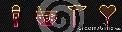 Set line Paper mustache on stick, Karaoke microphone, Mixed punch in bowl and Balloon in form of heart. Glowing neon Vector Illustration