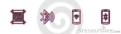 Set line Paper scroll, Smartphone with wireless, Bluetooth connected and bluetooth icon. Vector Stock Photo