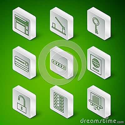 Set line Paper shredder, Server, Data, Web Hosting, Website template, Password protection, Credit card, Parking barrier Vector Illustration