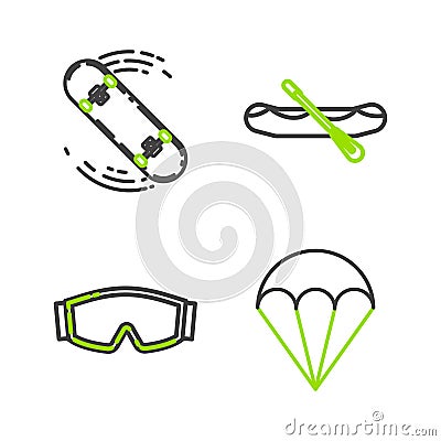 Set line Parachute, Ski goggles, Rafting boat and Skateboard trick icon. Vector Vector Illustration