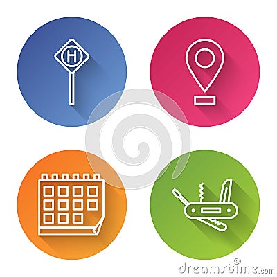 Set line Parking, Location, Calendar and Swiss army knife. Color circle button. Vector Vector Illustration