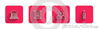 Set line Parthenon, Decree, parchment, scroll, Cyclops and Bottle of wine with long shadow. Red square button. Vector Vector Illustration