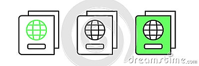 Set line Passport with biometric data icon isolated on white background. Identification document. Vector Stock Photo