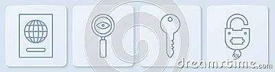 Set line Passport, Key, Magnifying glass Search and Lock and key. White square button. Vector Vector Illustration