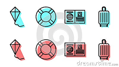 Set line Passport, Kite, Lifebuoy and Suitcase icon. Vector Vector Illustration