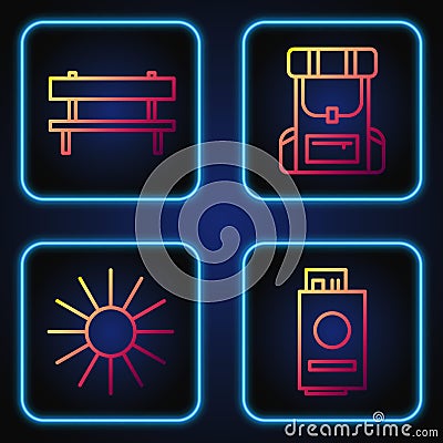 Set line Passport with ticket, Sun, Bench and Hiking backpack. Gradient color icons. Vector Vector Illustration