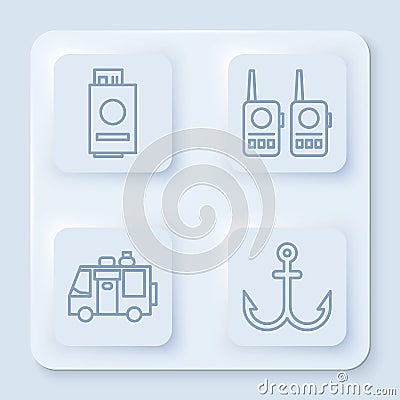 Set line Passport with ticket, Walkie talkie, Rv Camping trailer and Anchor. White square button. Vector Vector Illustration