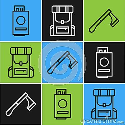 Set line Passport with ticket, Wooden axe and Hiking backpack icon. Vector Vector Illustration