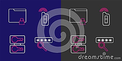 Set line Password protection, Casting keys, Car with remote and Folder and lock icon. Vector Stock Photo