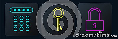 Set line Password protection, Lock and Old key. Black square button. Vector Vector Illustration