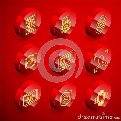 Set line Password protection, Safe combination lock, Chain link, Shield and eye, Create account screen, Face recognition Vector Illustration
