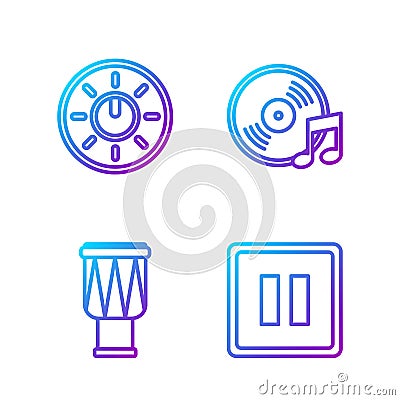 Set line Pause button, Drum, Dial knob level technology settings and Vinyl disk. Gradient color icons. Vector Vector Illustration