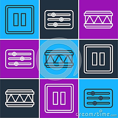 Set line Pause button, Drum and Sound mixer controller icon. Vector Vector Illustration