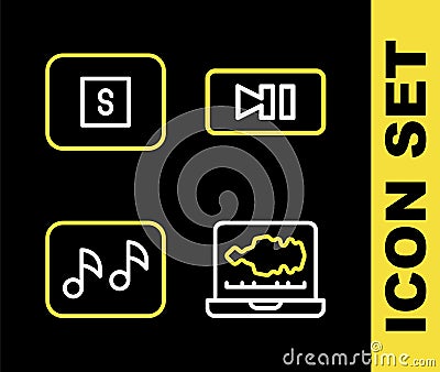Set line Pause button, Sound or audio recorder, Music note, tone and Stop media icon. Vector Stock Photo