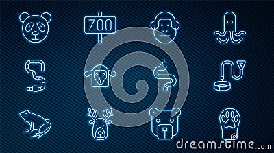 Set line Paw print, Collar with name tag, Monkey, Sheep head, Worm, Cute panda face, Snake and Zoo park icon. Vector Vector Illustration