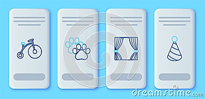 Set line Paw print, Curtain, Vintage bicycle with one big wheel and one small and Party hat icon. Vector Vector Illustration