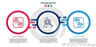 Set line Paw print, Magnifying glass with footsteps and Frog paw footprint. Business infographic template. Vector Vector Illustration