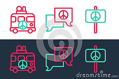 Set line Peace, Hippie camper van and Speech bubble chat icon. Vector Vector Illustration