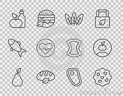 Set line Pear, Cookie or biscuit, Leaf, Vegan bread loaf, Apple cider vinegar in bottle, Heart rate, Steak meat and icon Vector Illustration