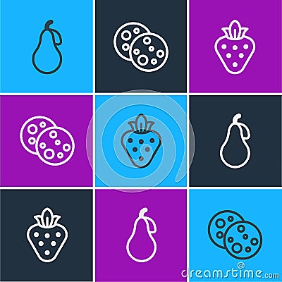 Set line Pear, Strawberry and Cookie with chocolate icon. Vector Vector Illustration