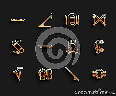 Set line Pegs for tents, Diving mask and aqualung, Snowboard, Surfboard, Knee pads, Skateboard, and Parachute icon Stock Photo