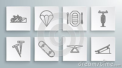 Set line Pegs for tents, Parachute, Skateboard trick, Hang glider, on street ramp, Rafting boat, Bicycle and icon Vector Illustration