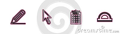 Set line Pencil and line, Hotel building, Pixel arrow cursor and Protractor grid icon. Vector Vector Illustration