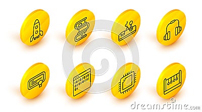 Set line Pendulum, Processor with CPU, Binary code, Certificate template, Headphones, Gamepad, Book and Rocket ship icon Stock Photo
