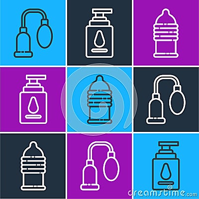 Set line Penis pump, Condom safe sex and Personal lubricant icon. Vector Vector Illustration