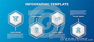 Set line Pennant Canada, Coffee cup to go, Acorn and Inukshuk. Business infographic template. Vector Vector Illustration