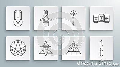Set line Pentagram in a circle, Magician hat and rabbit, Wizard warlock, Masons, wand, staff, Three tarot cards and Vector Illustration