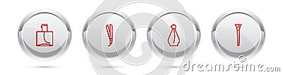 Set line Perfume, Curling iron, and Makeup brush. Silver circle button. Vector Stock Photo