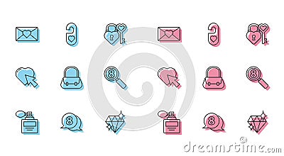 Set line Perfume, 8 March in speech bubble, Envelope with, Diamond, Handbag, Search, Heart cursor click and Please do Stock Photo