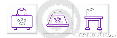 Set line Pet grooming table, first aid kit and food bowl icon. Vector Vector Illustration