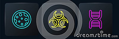 Set line Petri dish with bacteria, DNA symbol and Biohazard. Black square button. Vector Stock Photo