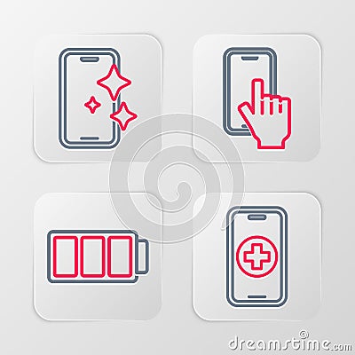 Set line Phone repair service, Battery, and Glass screen protector icon. Vector Vector Illustration