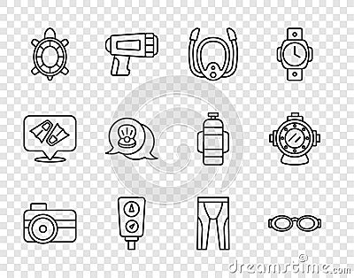 Set line Photo camera for diver, Glasses swimming, Diving mask with snorkel, Gauge scale, Turtle, Scallop sea shell Vector Illustration