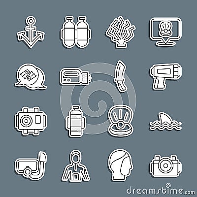 Set line Photo camera for diver, Shark, Flashlight, Coral, Flippers swimming, Anchor and Diving knife icon. Vector Vector Illustration