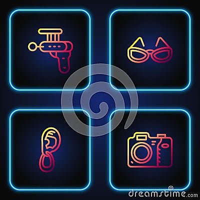 Set line Photo camera, Ear with earring, Ray gun and Glasses. Gradient color icons. Vector Vector Illustration
