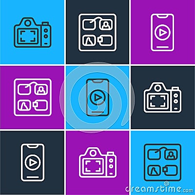 Set line Photo camera, Online play video and Storyboard icon. Vector Vector Illustration