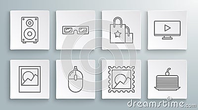 Set line Photo frames, 3D cinema glasses, Computer mouse, Picture landscape, Cake, Paper shopping bag, Online play video Vector Illustration