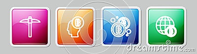 Set line Pickaxe, Bitcoin think, and Globe. Colorful square button. Vector Vector Illustration