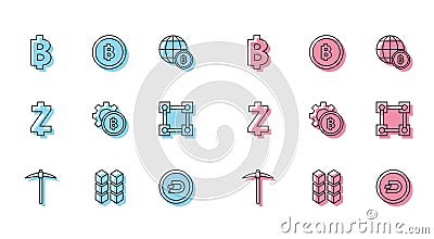 Set line Pickaxe, Blockchain technology, Cryptocurrency coin Bitcoin, Dash, Zcash ZEC and icon. Vector Vector Illustration