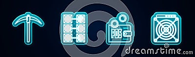Set line Pickaxe, Mining farm, Proof of stake and ASIC Miner. Glowing neon icon. Vector Vector Illustration