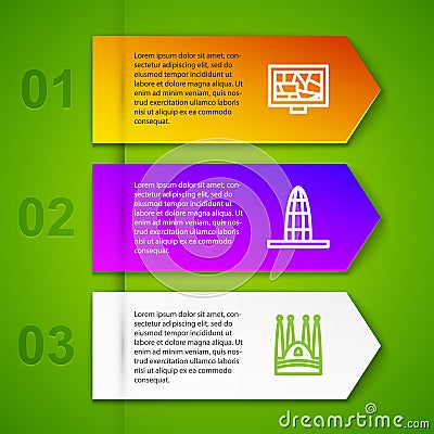 Set line Picture art, Agbar tower, Sagrada Familia and Montjuic castle. Business infographic template. Vector Vector Illustration