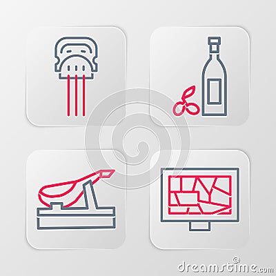 Set line Picture art, Spanish jamon, Bottle of olive oil and Peineta icon. Vector Stock Photo