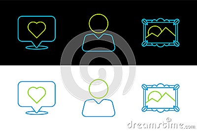 Set line Picture landscape, Like heart and Add to friend icon. Vector Vector Illustration